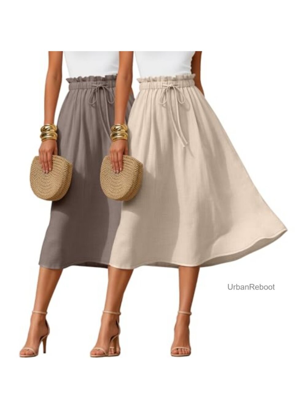 2 Pack Women's Linen Midi Skirts High Waisted Pleated A-Line with Pockets